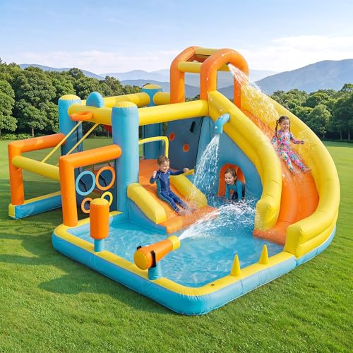 Castillo hinchable para niños, castillo hinchable con tobogán acuático, piscina, jardín al aire libre, parque acuático, con ventilador, tamaño 405 x 416 x 218 cm, multicolor