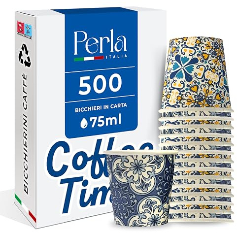 Perla - 500 Bicchierini Caffe Carta 75ml - Bicchieri Caffè Monouso Biodegradabili - Bicchierini da Caffè Usa e Getta Design, Maiolica Costiera Amalfitana, Vietri, Amalfi, Sorrento