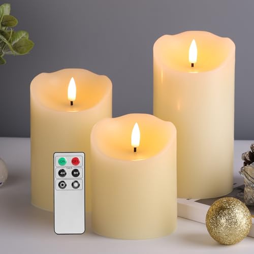Eywamage Ivory Flameless Pillar Candles with Remote, Flickering Realistic LED Battery Wax Candles Set of 3, Φ 3 H 4 5 6