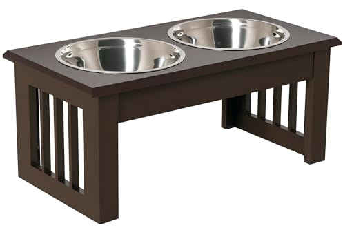 PawHut Erhöhter Hundenapf Hundebar für Mittlere Hunde 2x900ml Espresso | 2 Näpfe, Futternapf, Wassernapf, Edelstahlnäpfe, Fressnapf, Futterstation, Hundenäpfe, für Katzen