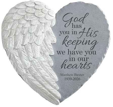 Let's Make Memories Personalized Memorial Garden Stone - Sympathy - Loss of Loved One - Condolences - Indoor/Outdoor - Durable Resin - 3D Wings of Love - in His Keeping