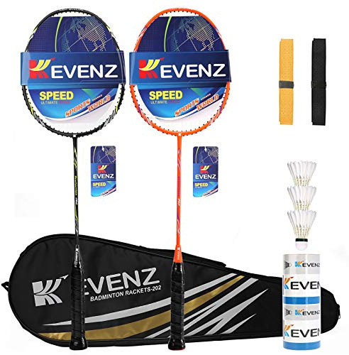 KEVENZ Badmintonracket set, 2 badmintonracket i kolfiber, 3 gåsfjäder, badmintonfågel, 2 racketgrepp och 1 bärväska (svart och orange)