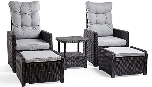 VonHaus Reclining Rattan Bistro Set - Recliner Lounge Set, Set of 2 Sun Loungers - Armchairs with Footstools, Cushions & Drinks Table – Garden Chairs & Side Table for Garden, Patio, Decking & Balcony