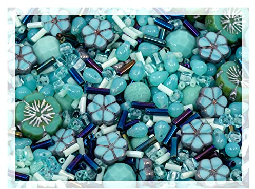 60 g Mix of Unique Czech Bohemia Glass Pressed Beads, Rocailles, Opaque Turquoise Green Copper Crystal Silver, Matte and Glossy, Hand Made BCV