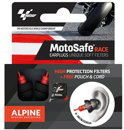Alpine MotoSafe Race MotoGP™ - Reusable Earplugs for Bikers – Easy to wear with The Helmet - CE & UKCA Certified – 20dB Reduction – Ultra Soft Comfort Filters