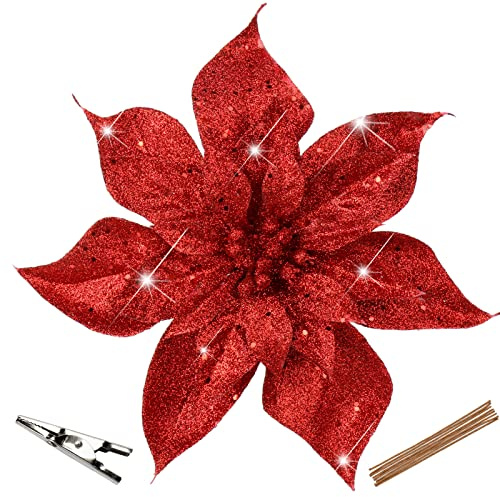 Oairse Set di 8 fiori di Natale con glitter artificiali, stelle di Natale con clip per decorazioni fai da te, fiori artificiali per feste, centrotavola, ornamenti di Capodanno, rosso