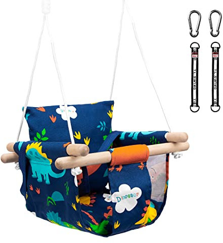 Katomi Schaukel für Baby Kinder mit Sicherheitsgurt Edelstahl Karabiner Weichen Kissen bis 50kg Zulässig Längenverstellbaren CE Umwelt Stoff Dinosaurier-Muster für Garten In- Outdoor