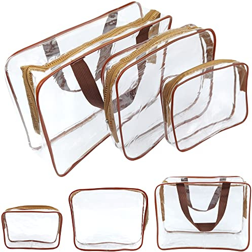 Sacchetto Cosmetico Impermeabile Trasparente， Set di 3 Borsa da Viaggio per Cosmetici con Zip Sacchetto da Toilette in PVC per Vacanze, Viaggi, Bagno (Brown)