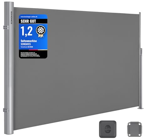 SONGMICS Tenda laterale in alluminio estensibile 160 x 400 cm, frangivista, protezione solare, oscurante, tenda laterale, per balcone, terrazza, giardino, grigio GSA164G03