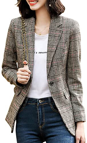 ebossy Women's Notch Lapel 2 Button Boyfriend Blazer Suit Houndstooth Plaid Jacket Coat (2X-Large, X-Light Grey)
