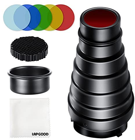 Lapgood Kit de Snoot Cónico de Aleación de Aluminio con 5 Filtros de Gel de Color y Rejilla de Panal para Montura Bowens,Luz Estroboscópica de Estudio,Luz de Luna,Flash (Snoot02)