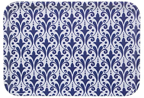 DRW Bandeja Rectangular de melamina Decorada en arabesco Azul y Blanco 2x31x45 cm