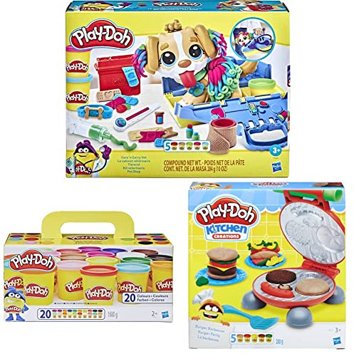 Lot Pâte à modeler Play-Doh, Vétérinaire, Burger Barbecue et 20 pots, jouet créatif pour enfants, dès 3 Ans