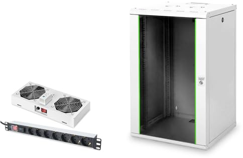 DIGITUS Set: Armario de Red de 19 20U + Ventilador de Techo + regleta de 7 Puertos // Rack de 19 Pulgadas - Montaje en Pared - Profundidad 600mm - Carga 100kg - Profundidad útil 305-450 mm - Gris