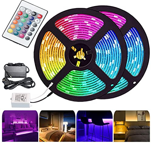 Cecaylie 20m RGB LED Streifen, 5050 Leds LED Strip Selbstklebend, Dimmbar Led Lichter 12V, mit 24-Tasten Fernbedienung und Netzteil, mit 15 Farben und 4 Modi, für Küche, Schlafzimmer, Party