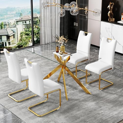 51.18 Rectangular Glass Dining Table, Tempered Glass Kitchen Tabe with Metal Legs, Stylish and Sturdy Dinner Table for Home and Outdoor Dining (Golden, 51.18'')
