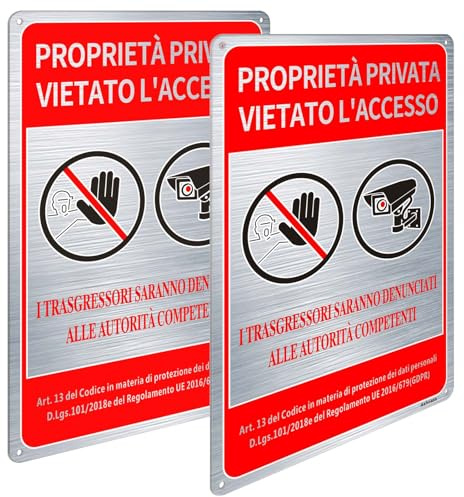 Ashoaza Cartel de propiedad privada de aluminio cepillado, 20 x 30 cm, no acceso, 2 unidades, señal de prohibido el acceso con aviso GDPR, reflectante, impermeable, resistente a los rayos UV