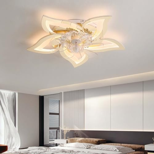 Flower Ceiling Fan Lights with Remote Control, Silent Ceiling Fans with Lamps Memory Function, LED Dimmable Fan Light Ceiling Reversible 6 Speed DC Motor with Timer for Bedroom Living Room-Gold Chrome