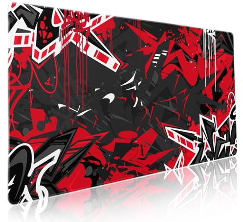 Black Red Gaming Mouse Pad XXL Abstract Graffiti Geometric Cool Extended Big Large Desk Mat Non-Slip Rubber Base Stitched Edge Long Keyboard Mousepad for PC Computer Laptop,35.4×15.7 in