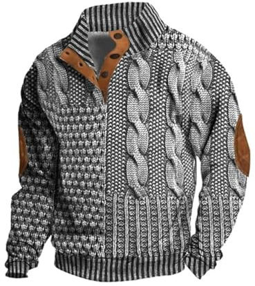 Berrynight Pull décontracté rétro en cachemire avec col montant et boutons pour homme, gris, XL