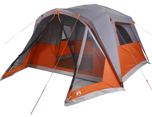 vidaXL Familienzelt mit Vorzelt 6 Personen, Campingzelt mit Netzwände Überzelt, Kabinenzelt mit E-Anschluss, Wurfzelt Zelt, Grau Orange 185T Polyester