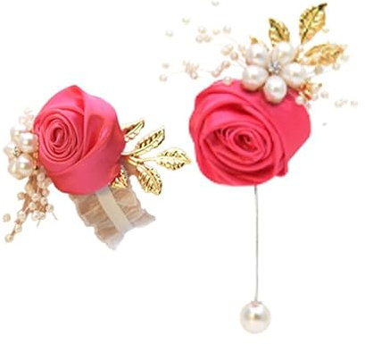 Hrlace Boutonniere und Handgelenksblume 2 Stück Rosen Handgelenk Korsage Braut Handgelenk Blume Blumenarmband Handgelenk Corsage Bräutigam Boutonniere für Hochzeiten, Abschlussbälle, Party Rosa