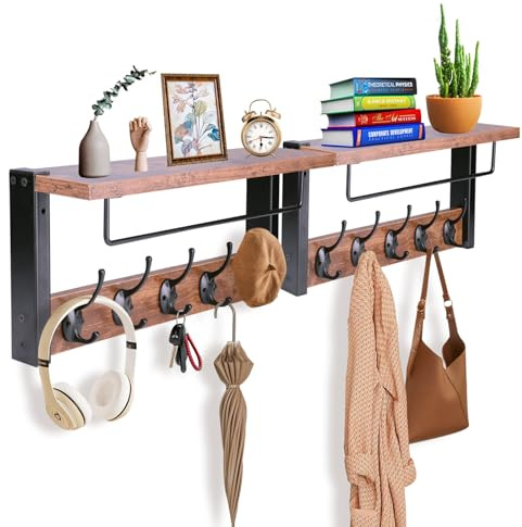 BSTHOK Wandgarderobe mit Ablage, 44 cm, Metallhaken, rustikales Holz, für Badezimmer, Schlafzimmer, Wohnzimmer (Rustic Brown-2er-Pack) (Rustic Brown-2er-Pack)