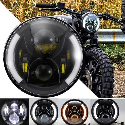 DREAMIZER Faro LED per Moto da 7 pollici Approvato E con DRL Bianco Angel Eye Indicatore Ambra Faro Anteriore Compatibile con Harley Road King Street Glide Softail Electra Glide J-eep Wrangler JK TJ