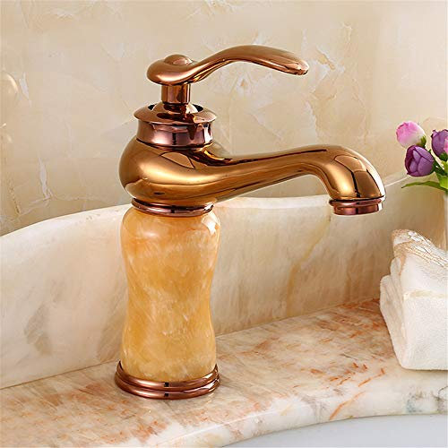 ABNNHK Cold and Hot Water Mixer Faucet Archaized Single-Hole Table Top Basin Retro Jade Bathroom Sink Faucet Single-Handled Single-Connected Belt Aerator,Rose Jin Baiyu (Rose Golden Yello