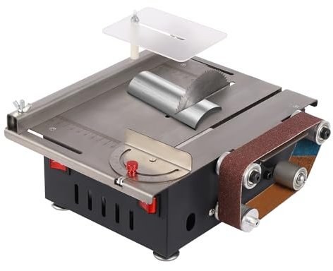 Mini sega circolare da tavolo, 2 in 1, con levigatrice a nastro, 4 lame per sega, 10 cinghie abrasive, piastra distrazione, velocità regolabile a 7 marce, 200 W