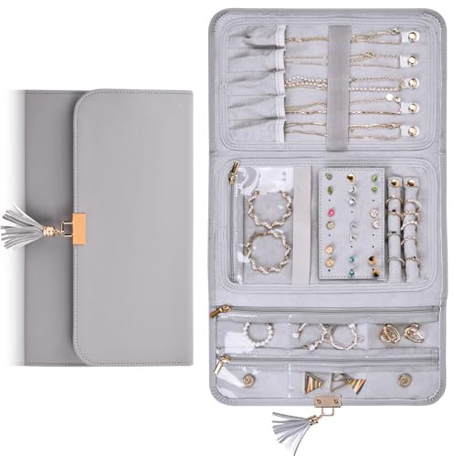 Daelesr Faltbare Schmucktasche, Schmuckrollen, Reiseschmuckästchen Tragbar, Schmuck Organizers, Reise Schmuckaufbewahrung Tasche für Ringe Halsketten Ohrringe Armbänder Uhren Broschen (Grau)