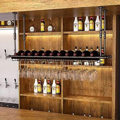 Porta bicchieri da vino nero, in ferro da soffitto, altezza e larghezza regolabili, montaggio a parete con portabottiglie (100 cm)