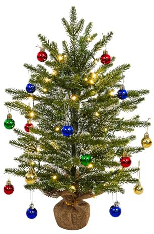 Uten Petit Sapin de Noel, 60 cm Mini Sapin de Noel Lumineux PE, avec 18 Boules de Noël et 50 LED Guirlandes pour Bureau, Salon, Rebord de Fenêtre, Décoration de Noël de Bureau