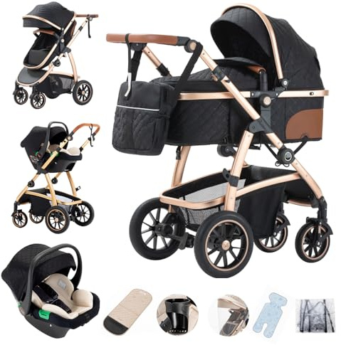 Gcarebb Cochecito 3 en 1, Cochecitos Urbanos Con Asiento de Coche, Cochecito Bastón Mango Ajustable en Altura, Cochecitos Combinados Paisaje Alto Marco de Aluminio Adecuado para 0-4 Años