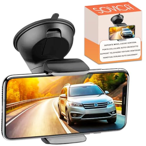 Soporte movil Coche Ventosa salpicadero Parabrisas rotacion 360º posicionamiento Horizontal y Vertical Ajuste Universal Compatible con Smartphones hasta 7,6 Facil Instalacion