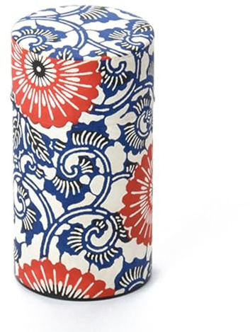 Waraku Fuuka Japanese Pokkan Matcha Coffee Spice Tea Tin Canister Washi Paper Storage with Lid 7.05 oz Capacity (Touka)