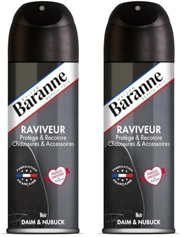 Baranne Aérosol Raviveur Noir | Protège, Ravive et Imperméabilise | Couleur Noir | Chaussures et Accessoires | Daim et Nubuck | 200 mL (Lot de 2)