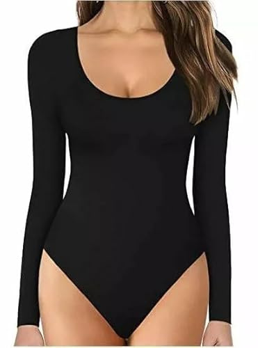 EBTISAM Womens Long Sleeve Bodysuit Leotard Top Ladies Stretch Fitted T-Shirt Body Suit (UK Sizes 8-26) (Black, UK-8)