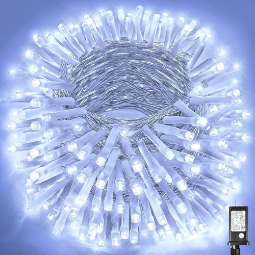 wisdom line LED Lichterkette für Innen und Außen, 8 Beleuchtungsmodi, Timer Speicherfunktion, 28m Kabel, Kaltweiß (Weiß, 500 LEDs)