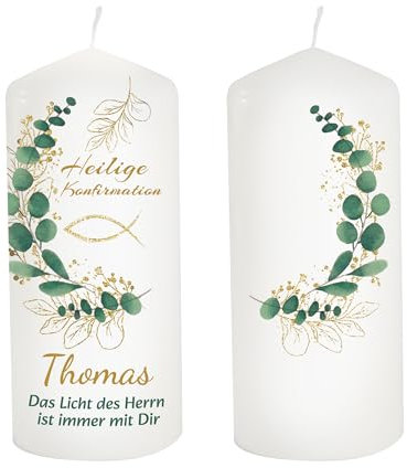 Vela de confirmación personalizada con nombre como decoración de mesa. Decoración de mesa, confirmación, como regalo, personalizable. Vela de eucalipto, pescado. Duración de la combustión: 35 horas,