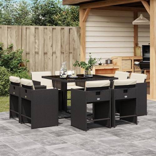 IKAYAA Rattan Essgruppe 8 Personen, Gartenmöbel Essgruppe mit Tisch Glasplatte, Stapelbar Stühle, Garten Sitzgruppe, Rattan Gartenmöbel Set, Gartengarnitur, Sitzgarnitur mit Auflagen Schwarz und Creme