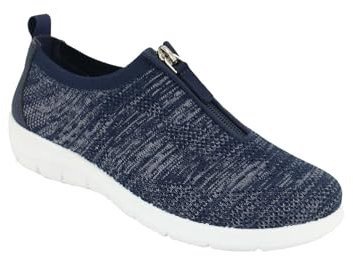 Chums Ladies Wide E Fit Zip Front Marl Knit Fabric Trainer – Flexisole Comfort Shoe with Easy Fastening Navy 6