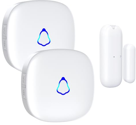 METAK Wireless Door Chime, Door Open Contact Sensor Alarm with 500 FT Range, 58 Chimes and 5 Volume Levels for Business/Store/Home/Office When Entering, 1 Transmitter + 2 Plug-in Receivers (White)