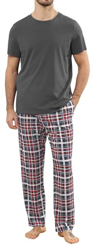 TeJoyce Pyjama Homme Coton, Deux Pièces Vêtements de Nuit, Ensembles Manches Courtes et Carreaux Pantalon avec Poche, Doux et Respirant Loungewear pour Dormir (Gris Foncé, M)