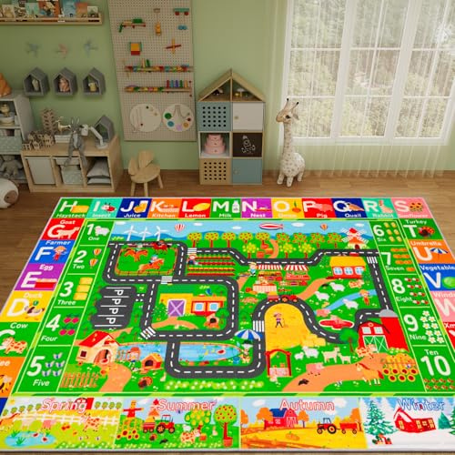 DINSUMRUG Kids Rugs for Toy Cars Playroom 150×100 CM ABC Farm Life Road Traffic Kids Car Road Rugs Village Map Play Mat for Toddlers Boys Room Family Tummy Time Playtime Learning Carpet