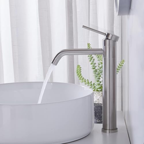 Hotis Vessel Sink Faucet Brushed Nickel, Stainless Steel Tall Bathroom Faucet with 360° Swivel Spout, Single Handle 1 Hole Bathroom Faucets with Supply Lines and Pop Up Drain, HT-TX110788L-New