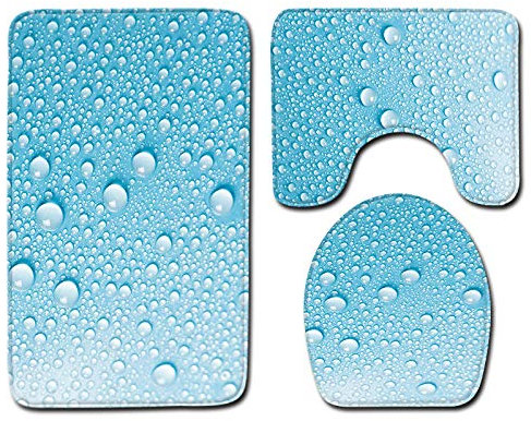 Badezimmerteppich Blaue Wassertropfen WC Vorleger mit Ausschnitt WC Deckelbezug 3 Teiliges WC Teppich rutschfeste Badgarnitur U förmiger Badematte Waschbar Bad Teppiche Set 50x80 cm
