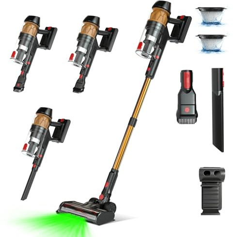 SENZONE Aspirateur Balai sans Fil,500W/37Kpa/45min Aspirateur sans Fil,Brosse Sol Anti-Emmêlement, Écran LED,Tube Pliable,Aspire Poils Animaux, pour Sols Durs et Voiture(Orange,F500)