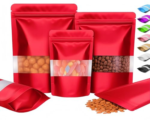 Plaphy 100 Sacchetti in Alluminio Stand Up con Finestra e Zip,Rosso,15x22cm | Buste Doypack Richiudibili per Alimenti, Sacchetti Mylar Ermetici per Confezionare e Conservare Caffè, Tè, Caramelle, Spezie
