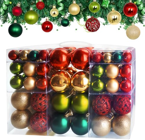 BBWELL Lot de 100 Pièces Boule de Noël en Plastique, Décoration Noel Sapin, Ø3cm/ 4cm /6cm Or, Verte, Rouge, Deco Boule Sapin de Cordon avec Attache pour Arbre de Noël, Fête, Mariage